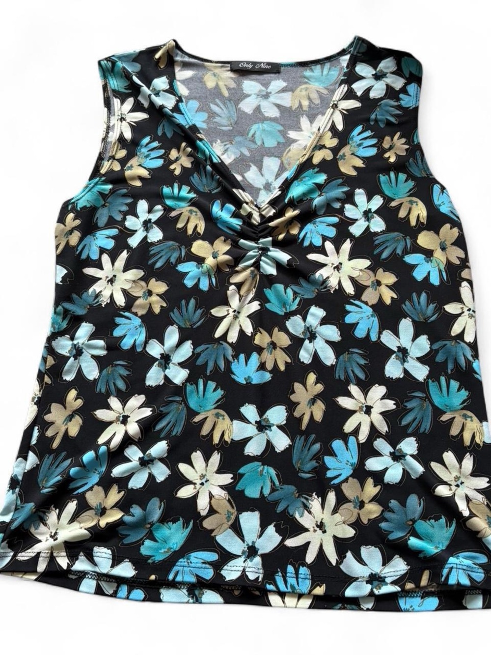 Ladies' Black Floral V-Neck Muscle Tee with Blue & Cream Blooms